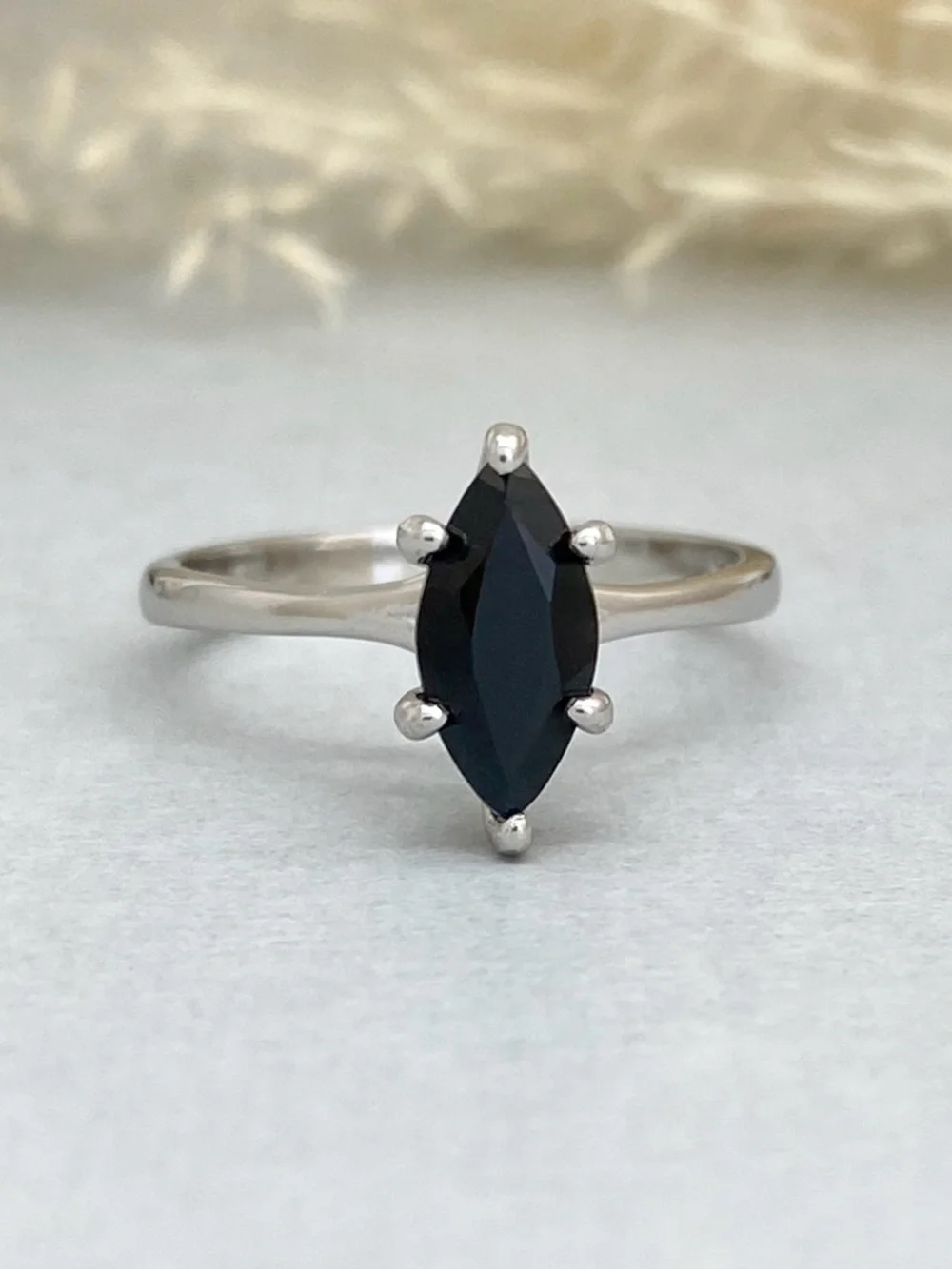 Black CZ Marquise Cut Solid Sterling Silver Women’s Solitaire Stackable Ring